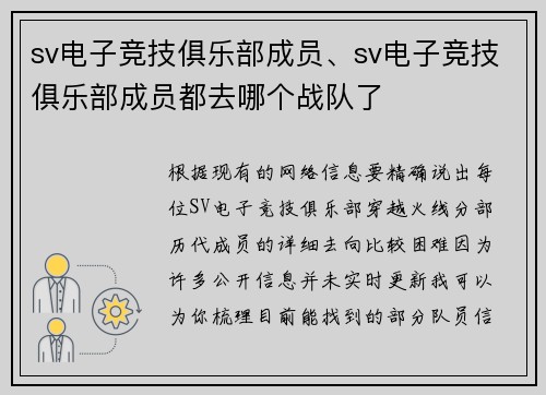 sv电子竞技俱乐部成员、sv电子竞技俱乐部成员都去哪个战队了